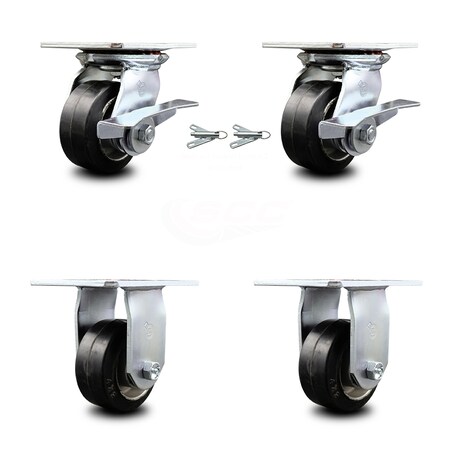 Service Caster 4 Inch Rubber on Aluminum Caster Brakes/Swivel Locks and 2 Rigid SCC, 2PK SCC-35S420-RAR-SLB-BSL-2-R-2